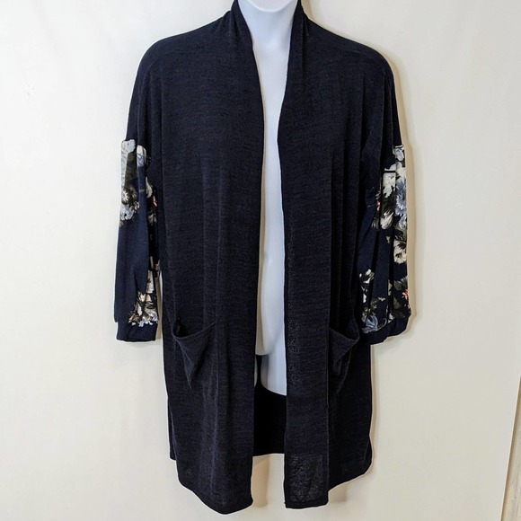 Lovely J Navy and Floral Drop Shoulder Open Concept Midi Cardigan Size 2XL NWT - Picture 1 of 8